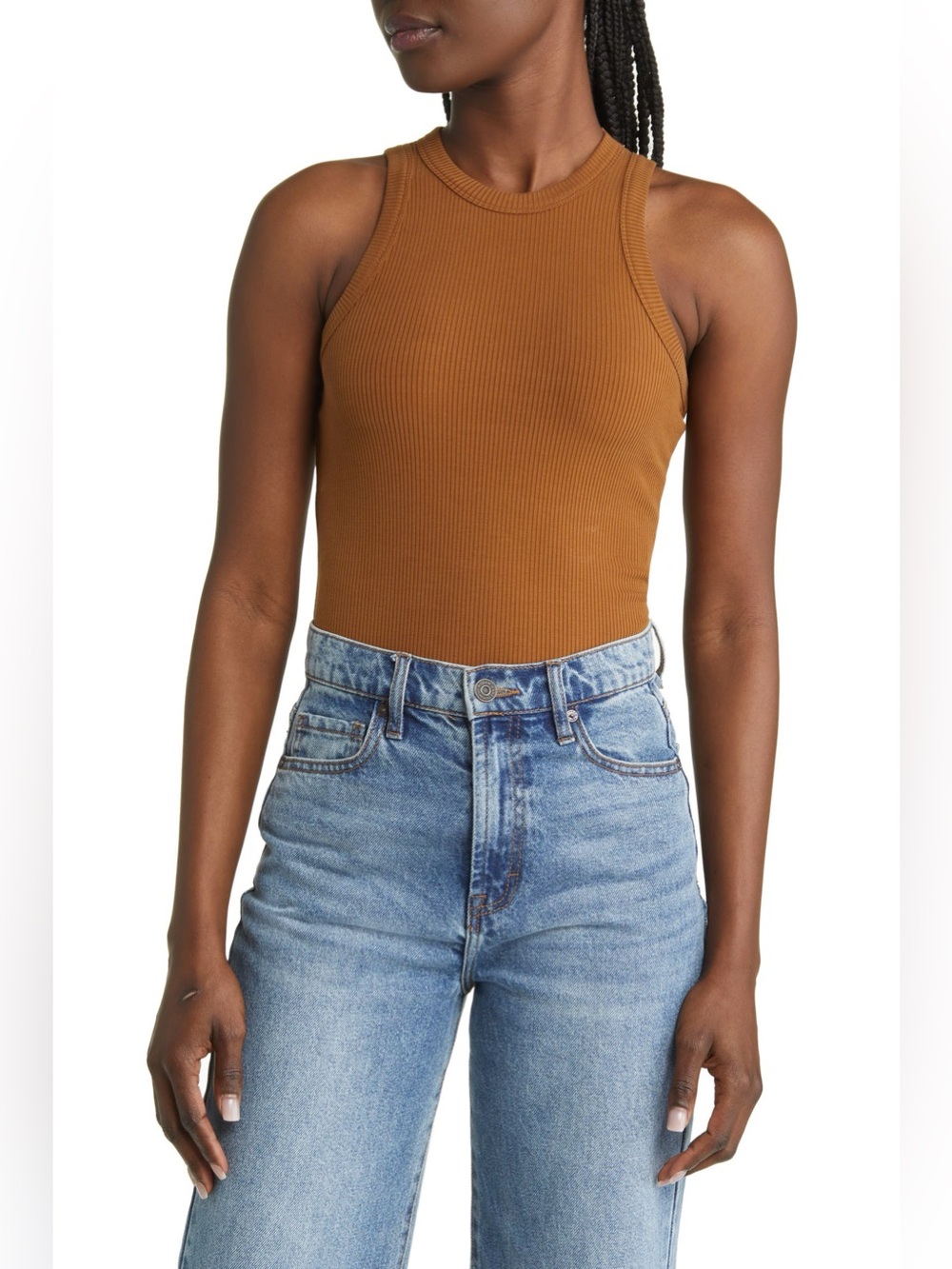 NWT PISTOLA Blake Sleeveless Rib Knit Thong Bodysuit Auburn Fall Stretch Size L
